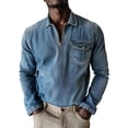 thumbnail image 2 of Kakii Men's Vintage Washed Denim Shirt Jacket, Half Zip Collared Top with Distressed Finish & Chest Pocket, Retro Workwear Style, 2 of 5