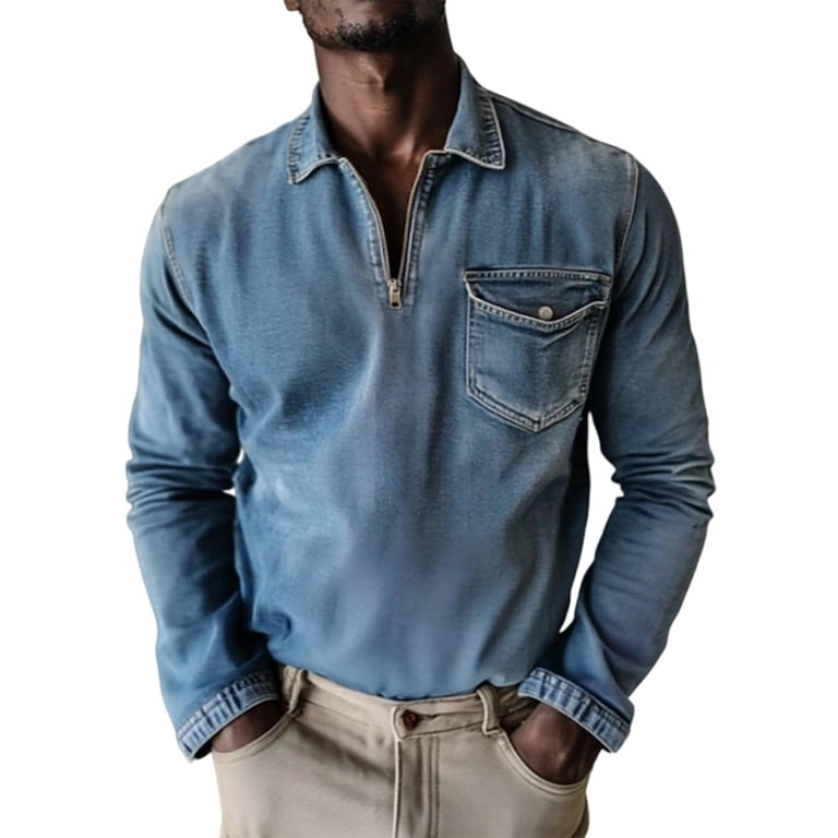 DAFPZW Men's Distressed Denim Shirt 1/4 Zip Lapel Jean T-Shirt