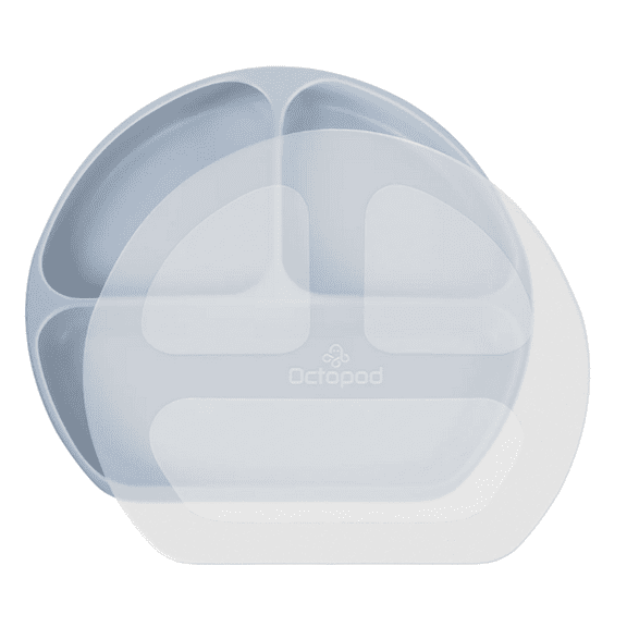 Octopod® Silicone Suction Triangle Plate with Lid for Babies and Toddlers – BPA-Free, Divided Non-Slip Plate with Secure Cover – Microwave & Dishwasher Safe, Baby-Led Weaning Friendly (Grey)