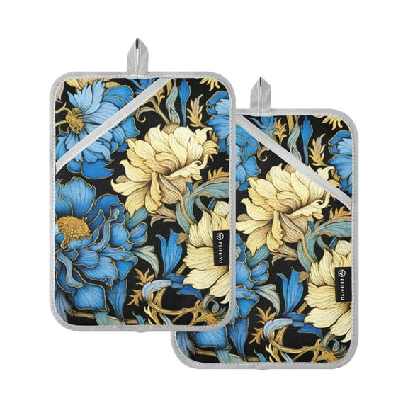ALAZA Blue and Yellow Flowers Pot Holders Set of 2 Heat Resistant Kitchen Oven Mitts