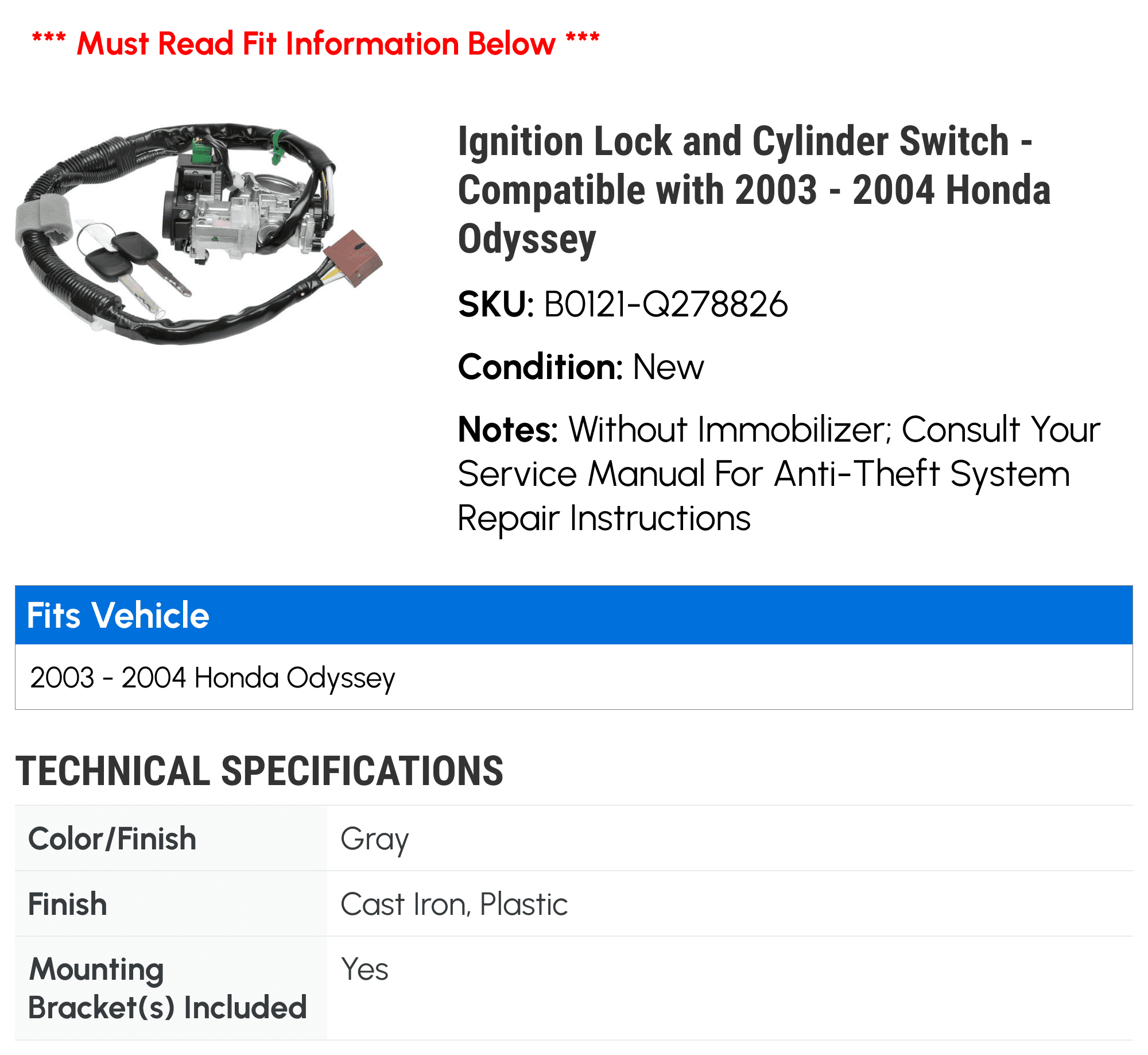 Ignition Lock and Cylinder Switch - Compatible with 2003 - 2004 Honda Odyssey
