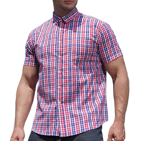 Stamzod Men's Button Down Shirts Fashion Plaid Printing Summer Turndown Short Sleeve Shirts Casual Plus Size Cotton Business Shirt with Pocket Red XXL