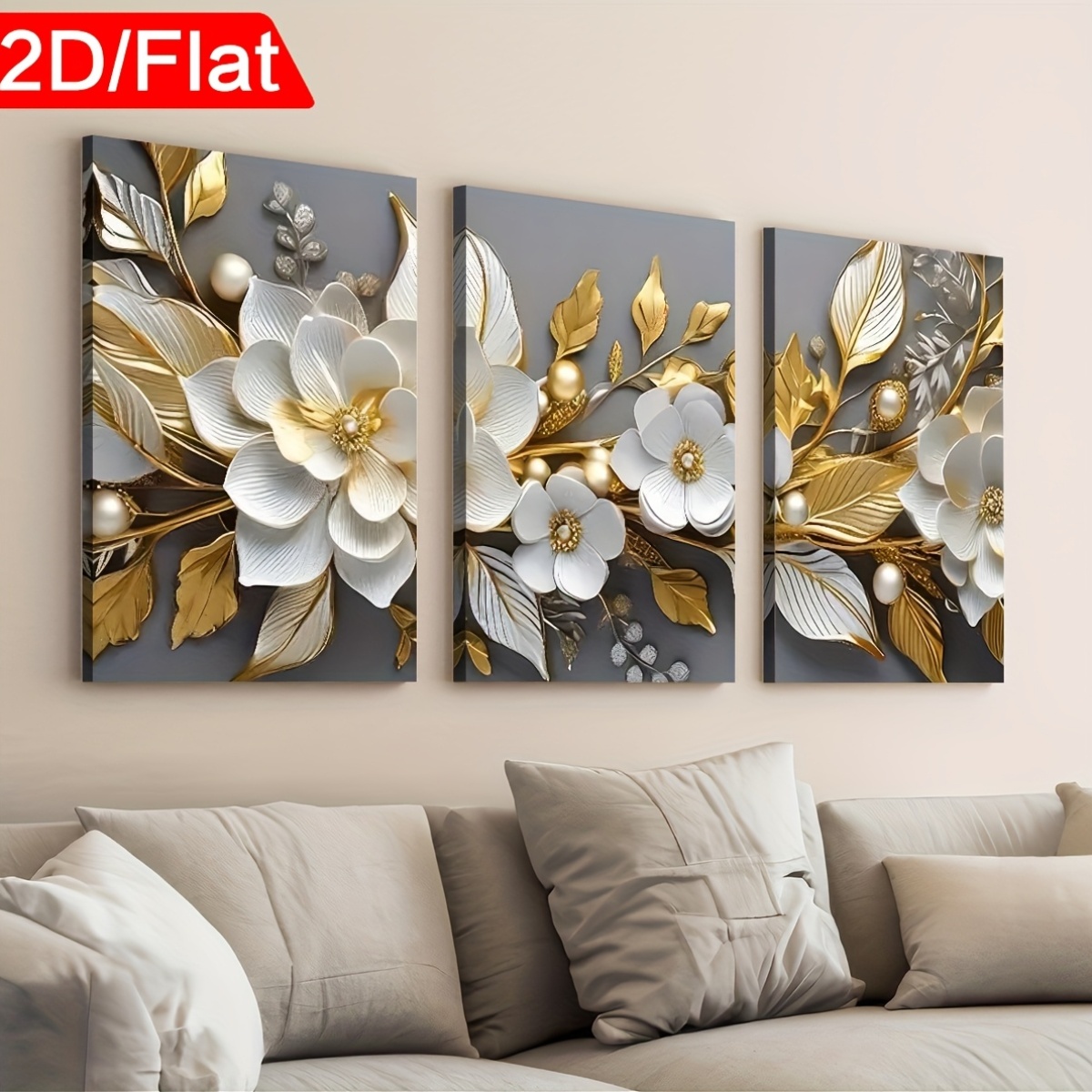 2D Flat Three Pieces of Modern Stylish Abstract Floral Art in 2D Print, Featuring Framed Canvas Paintings And Posters That Are Ready to Hang. Perfect for Home Decor, Wall Art