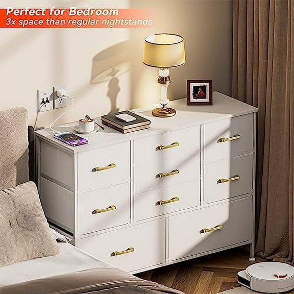 Dresser for Bedroom with 9 Drawers, Dresser TV Stand for 50" TV, Wide Bedroom Dresser Storage Organizers, Fabric Chest of Drawers, Dresser for Living Room, Closet, White