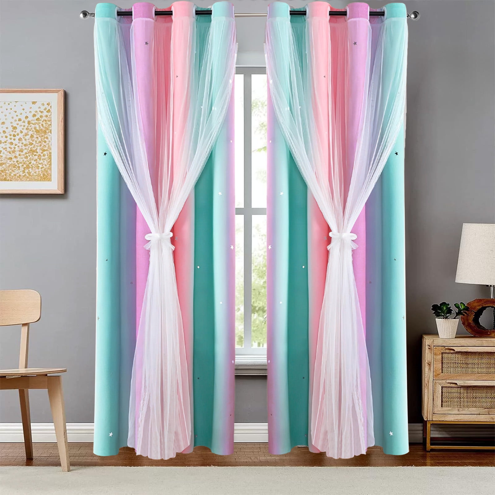 Ombre Rainbow Blackout Curtains for Girls Bedroom Living Room Darking Stripe Double Layer Star Cut Out Wall Home Decor Gradient Grommet Window Curtains (1 Panel, 39.37×51.18in)