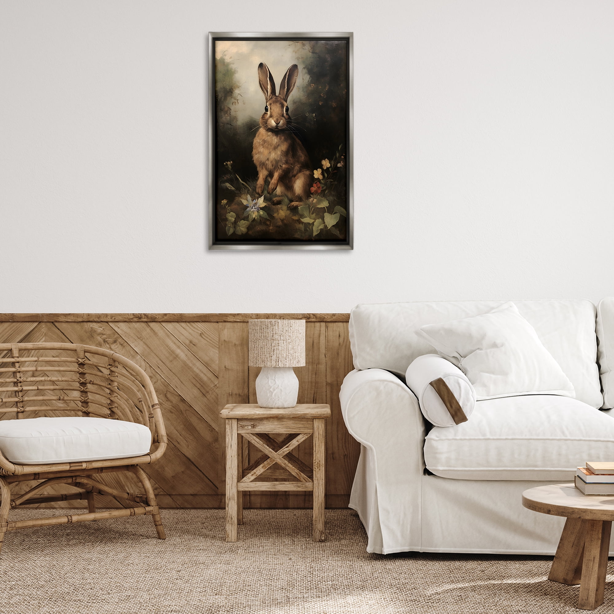Stupell Industries Bunny in Nature Animals & Insects Painting Gray Floater Framed Canvas Art Print Wall Art, 21 x 31