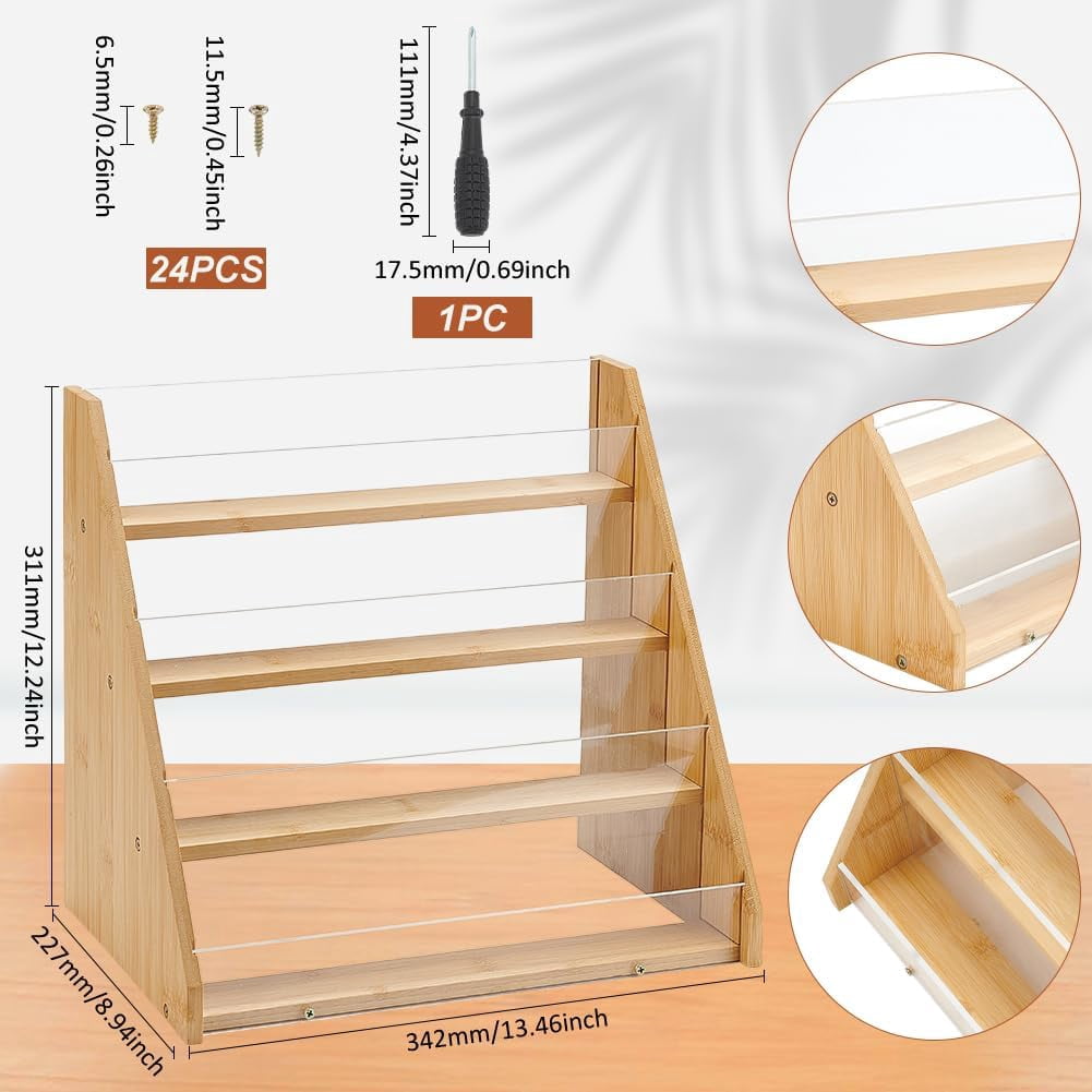4-Tier Greeting Card Display Stands Bamboo Acrylic Display Case Postcard Rack Portable Sticker Display Stand Counter Retail Display Rack for Bookmark Counter Tabletop