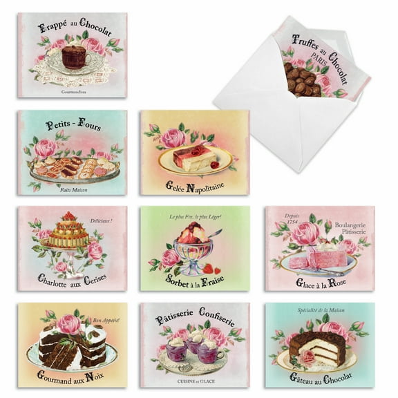 10 Thank You Note Cards Assorted (4 x 5.12 Inch) - French Treats M4213TYG-B1x10