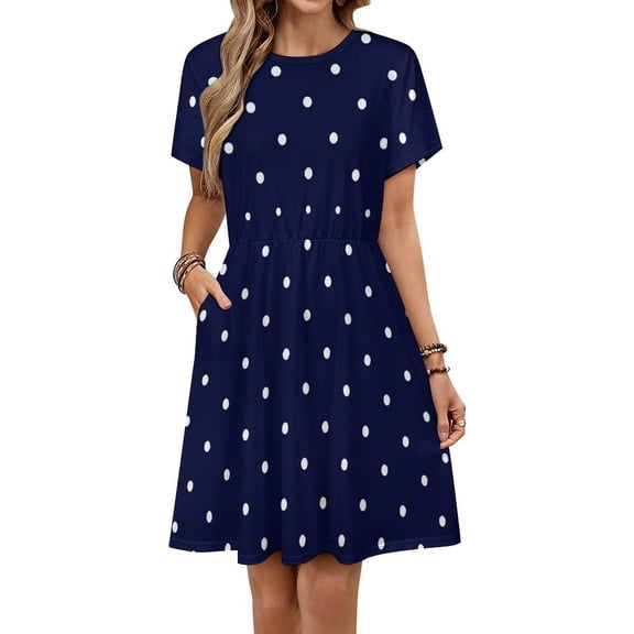 White Free Polka Dots on Navy Blue Background Women's Dress Short Sleeve Summer Sundress Summer Women Clothes