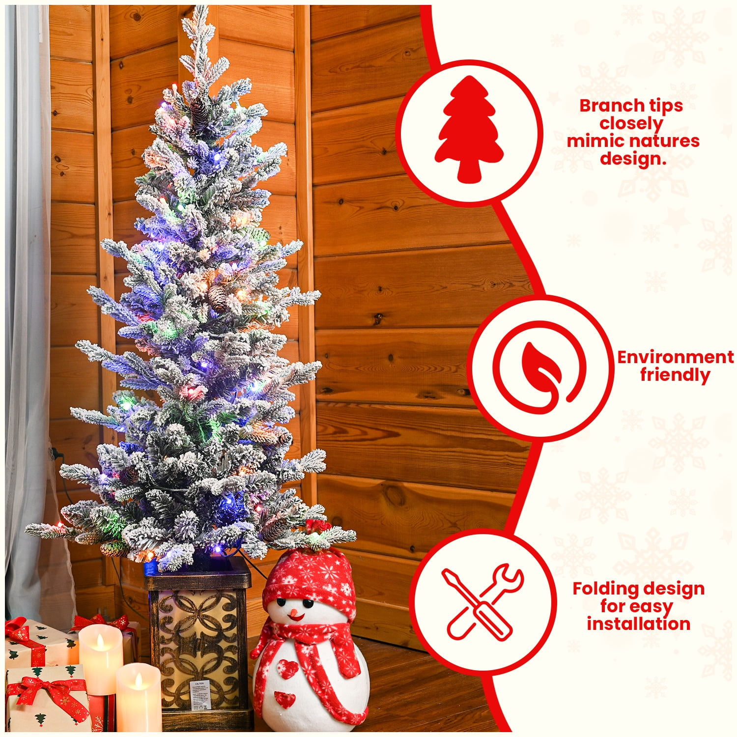 4 Ft Flocked Christmas Tree with Multicolour LED Lights, 396 Tips, Glitter Base, 100 Lights, PE/PVC Tips with Pine Cones, Light-Up Colorful Basin, Easy Assembly Holiday Decor