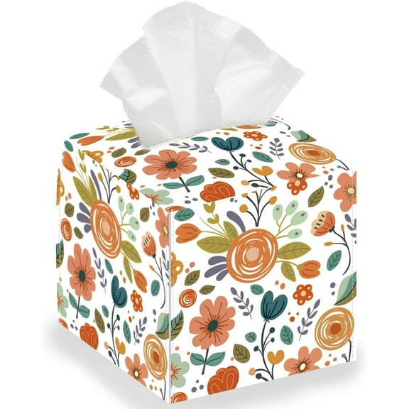 Flowers Leaves Tissue Box Holder Square Tissue Box Cover Foldable Tissue for Bedroom Office Bathroom Car Nightstand Home Decor Storage Box Waterproof Tissue Box Holder