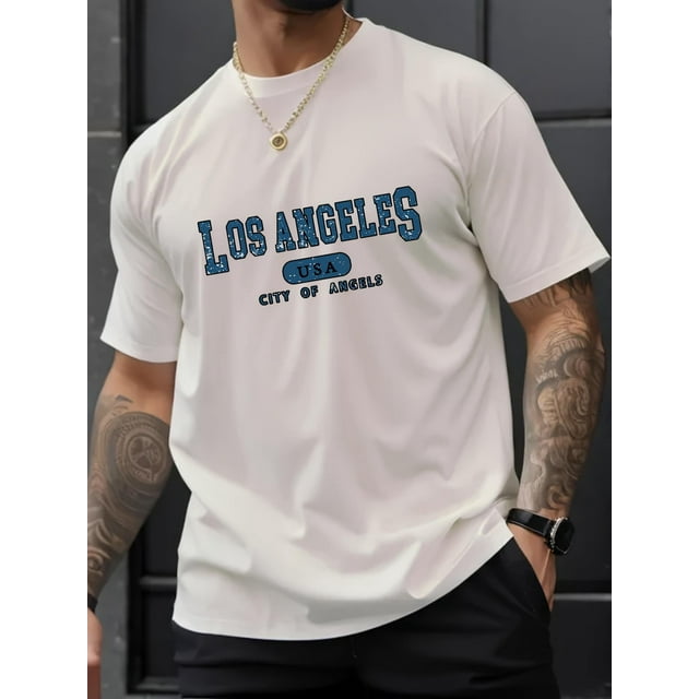 Los Angeles Print Men's Creative Top, Casual Short Sleeve Crew Neck T-shirt, Men's Clothing For Summer Outdoor Tee For Adult, Men, Women, Teen, Teenager, Adolescent, Youth.