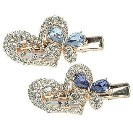 Small Crystal Butterfly Claw Clip - Jeweled Heart & Butterfly Hair Clips Gold Metal with Decorative Purple & Blue Rhinestone Crystals - Set of 2