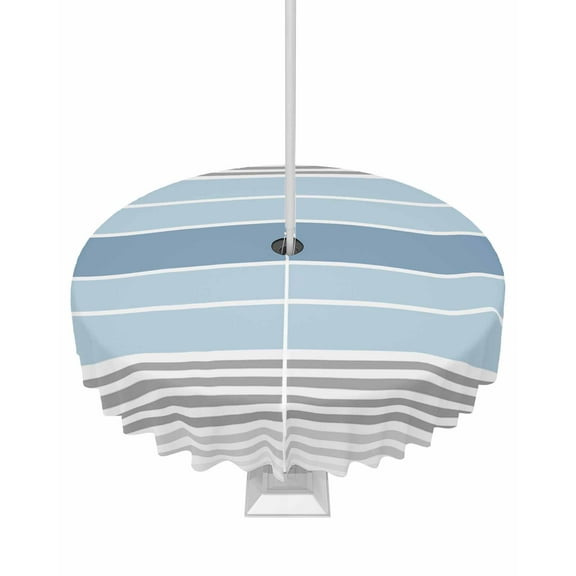 Fsddascl Blue Striped Outdoor Tablecloth - 60 Inch Round Dining Table Cover, Modern Minimalist Gradient Lines Aesthetic Waterproof Outdoor Table Cloth with Umbrella Hole & Zipper for Picnic/Patio