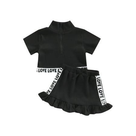 

Suanret 3 Colors Summer Kids Girls Clothes Turn Down Short Sleeve Letter Knit Zipper T Shirts+Skirts Sets Black 1-2 Years