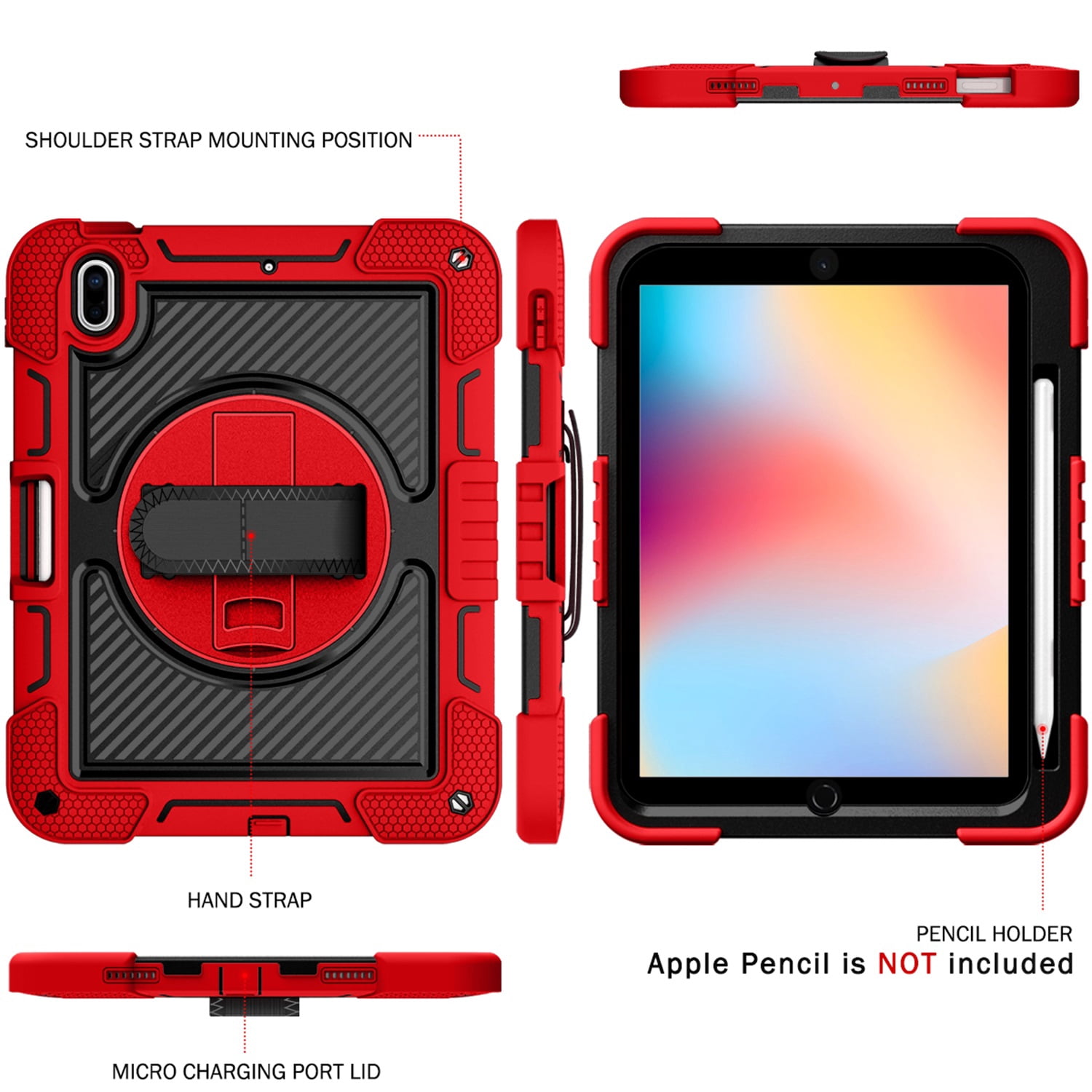 Tarise Case for Apple iPad 10th Generation 10.9 inch (2022), 360° Rotating Kickstand with Pencil Holder/ Hand Strap/ Shoulder Strap Hard PC Rugged Silicone Shockproof Bumper Stand Cover, Red+Black
