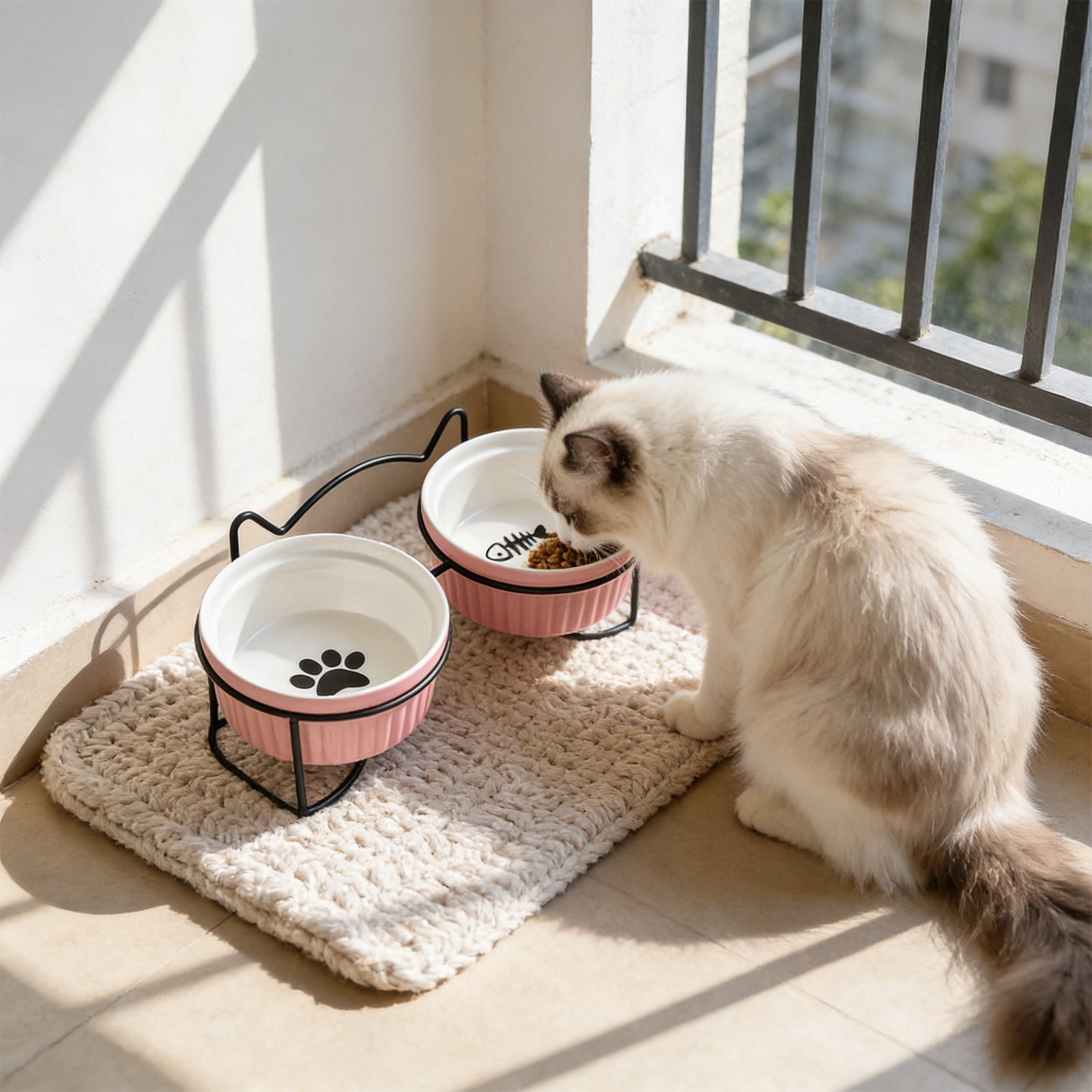 Cinvoph Ceramic Cat Bowls Non Tipping Stable Food Water Dishes Double Bowl Design for Dogs Cats Daily Feeding Drinking Easy to Clean