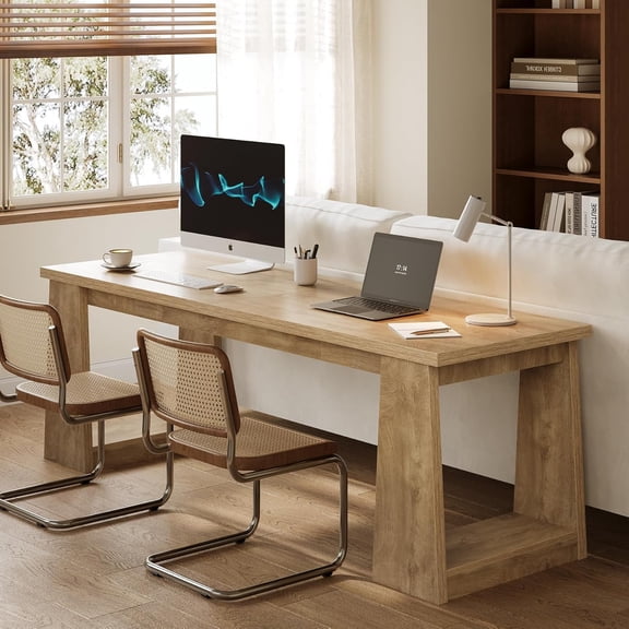 Finmind 86.6" Double Office Desk for 2, Extra Long Computer Desk Workstation with Large Wood Tabletop, Two Person Gaming Desk for Home Office, Natural Oak