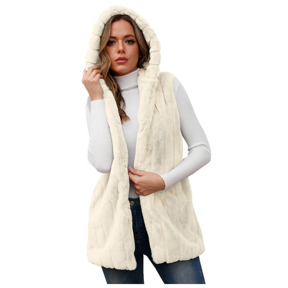Baberdicy Women Coat Women's Faux-Fur' Sleeveless Mid-Length Hooded Vest Jacket Warmer Outwear Sweater Vest White