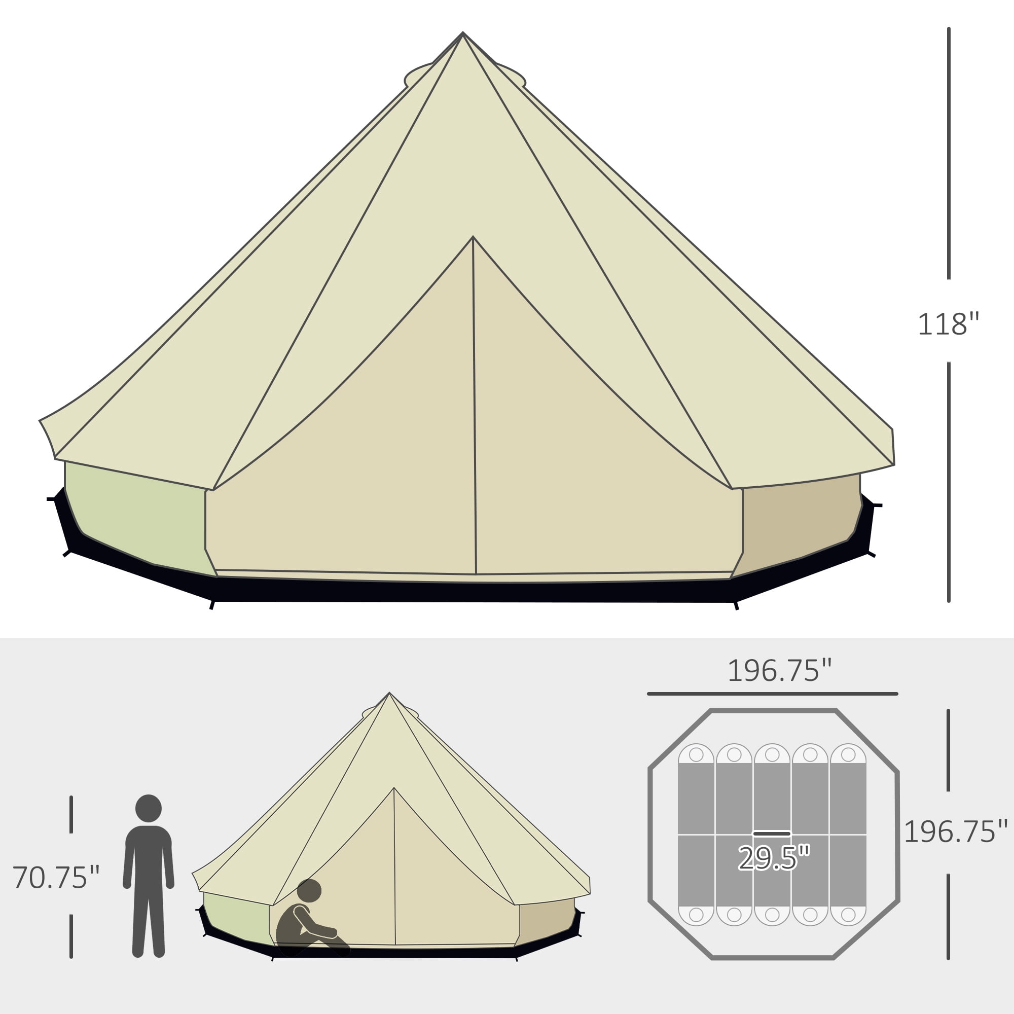Outsunny 10-Person Yurt Tent Glamping Bell Tent with Spacious Interior, Breathable Waterproof Design, for Family Outdoor Camping, 16' x 16' x 10',