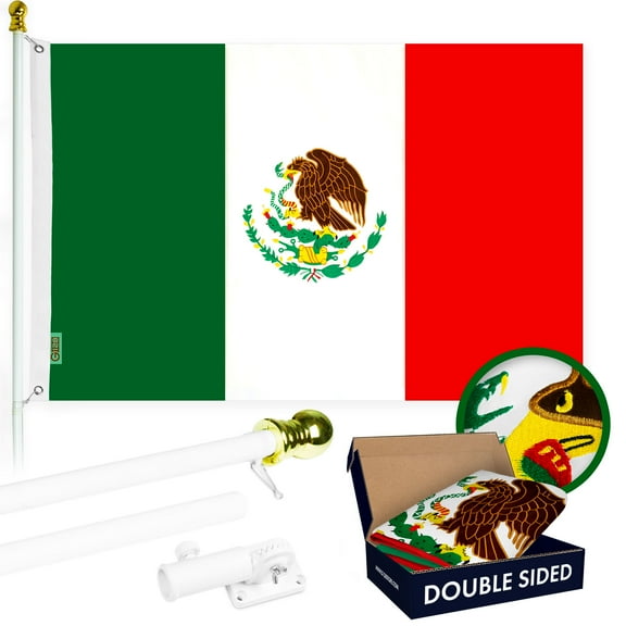 G128 - 6 Feet Tangle Free Spinning Flagpole (White) Mexico Double Sided Brass Grommets Embroidered 3x5 ft (Flag Included) Aluminum Flag Pole
