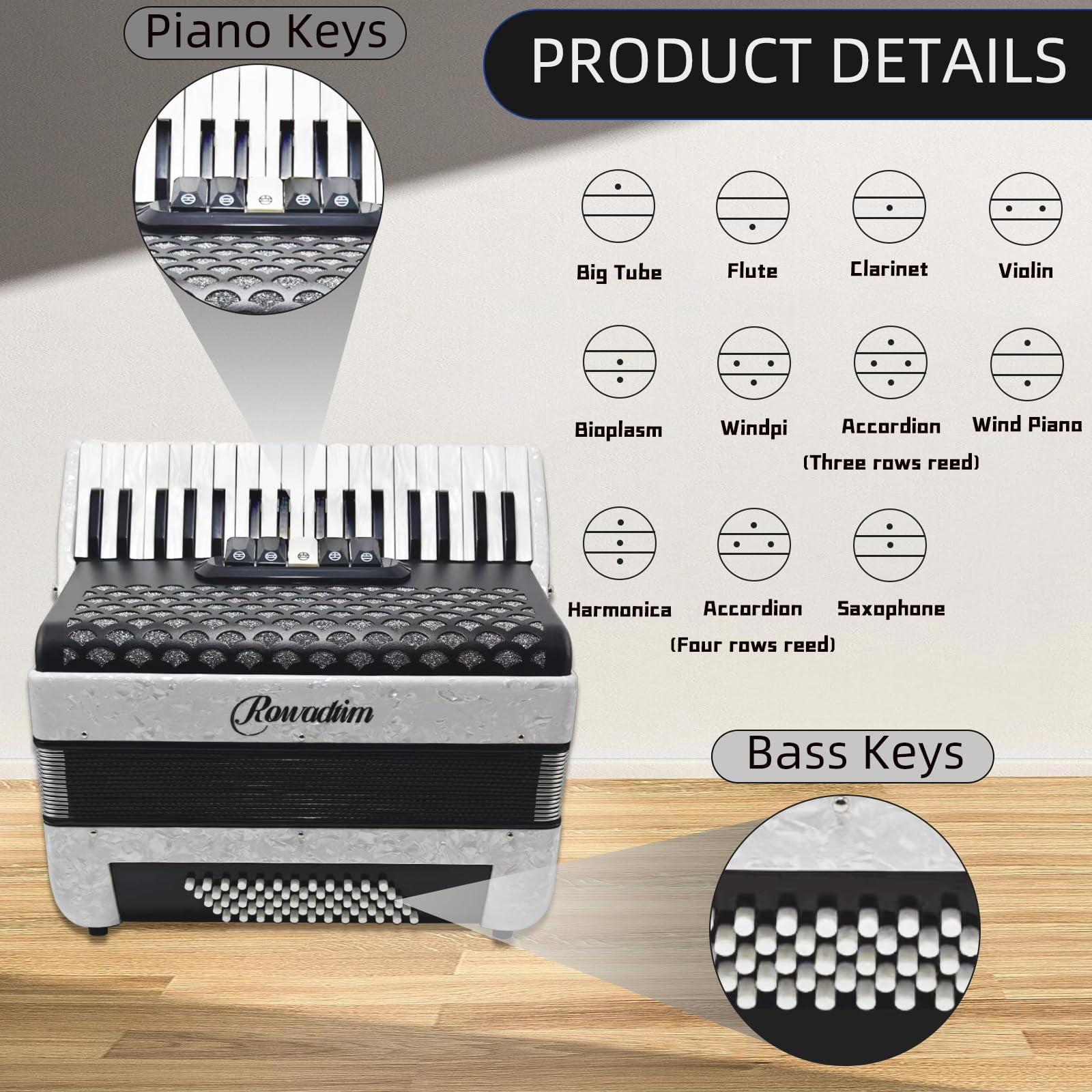 Accordion - 34 Key 60 Bass Piano Style, Lightweight & Portable with Adjustable Strap & Backpack, Perfect for Beginners, Students & Adults (White)