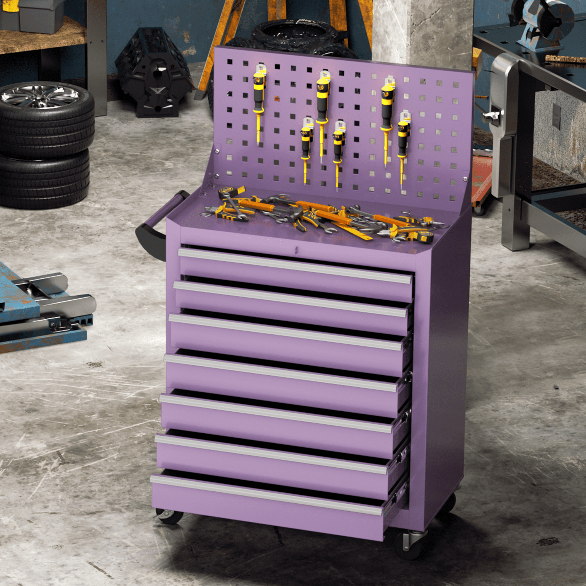 SUNCROWN 7 Drawers Rolling Tool Chest with Pegboard, Metal Tool Chest with Drawers, Tool Storage Cabinet with Wheels for Garage, Workshop, Repair Shop, Purple