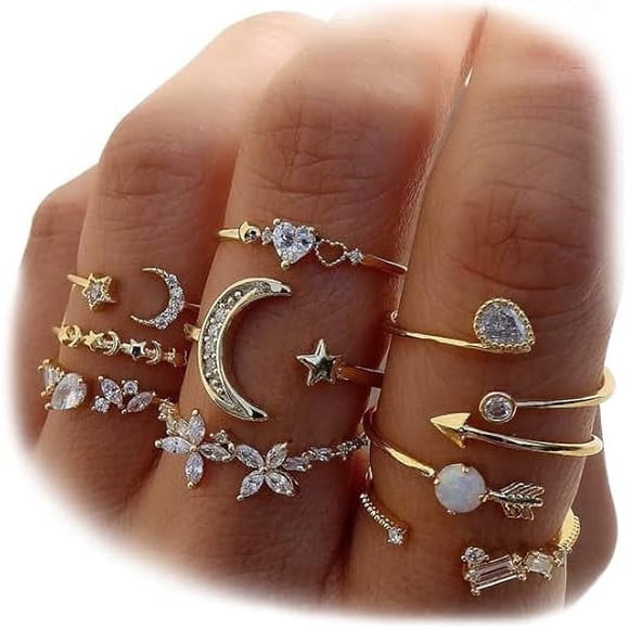 Juego de Anillos Articulares de Luna y Estrellas Apilables de Oro para Mujeres