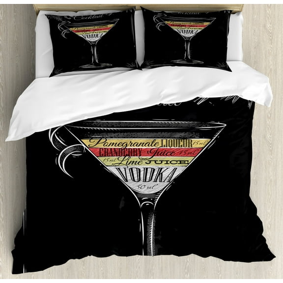 Alcohol Duvet Cover Set King Size, Vintage Style Cosmopolitan Cocktail and Recipe Stylized Chalk-Like Drawing Print, Decorative 3 Piece Bedding Set with 2 Pillow Shams, Multicolor, by Ambesonne