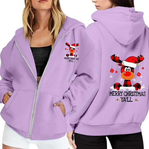WILLBEST Sudadera con Capucha para Mujer, Estilo Casual, con Estampado Navideño, Cremallera, Manga Larga, Bolsillo y Cordón Ajustable Chica