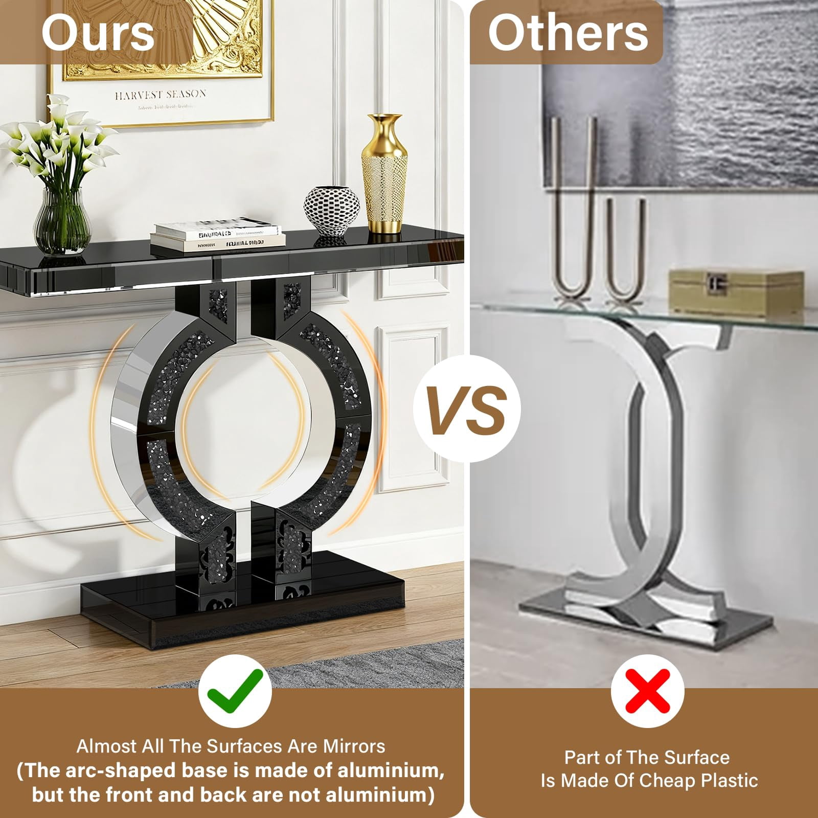 Black Mirrored Console Table with Crushed Diamond Inlay, 39.4'' Long Entryway Sofa Table, O-Shaped Base Modern Accent Narrow Table for Living Room, Hallway, Foyer, Entrance