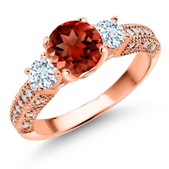 Gem Stone King 18K Rose Gold Plated Silver Red Garnet Sky Blue Aquamarine and White Moissanite Engagement Ring for Women (2.08 Cttw, Gemstone January Birthstone, Round 7MM and 4MM, Size 9)
