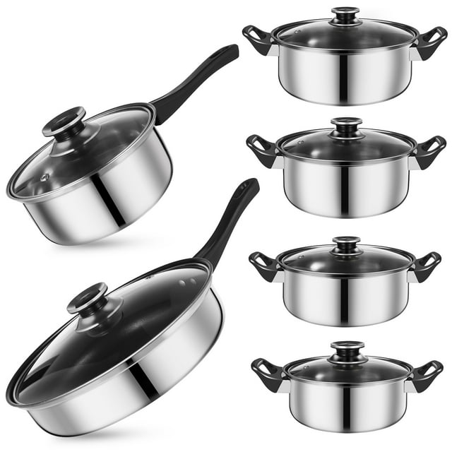 12 Pcs Pot And Pan Stainless Steel Pan Set Cooking Pot Set Skillet Frying Pan With Glass Lids