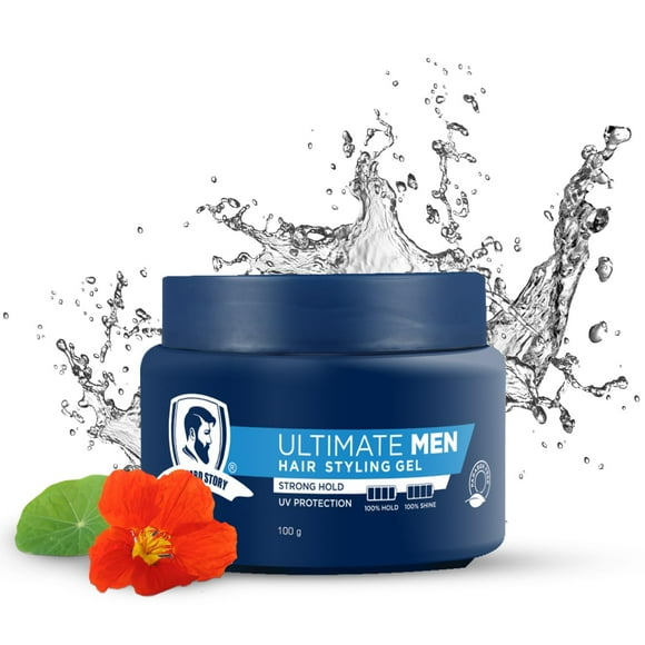 The Beard Story Hair Styling Gel for Men | For Frizz-Free, UV Protection, Long Lasting Shine | Straight Wavy or Curly Hair | Non-Sticky Men Grooming | 100g (Strong Hold)