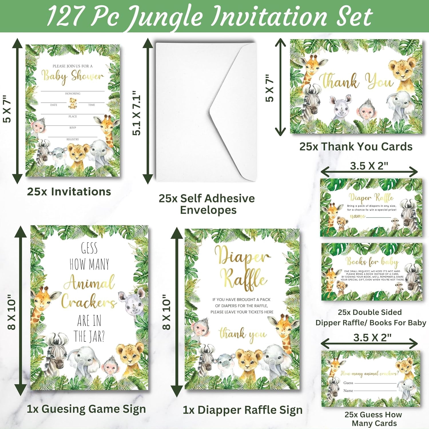 153 Pc Jungle Safari Baby Shower Invitations For Boy Or Girl With Envelopes, Baby Thank You Cards, Book Request Cards, Diaper Raffle Box With Ticket & Sign, Guess How Many Baby Shower Game