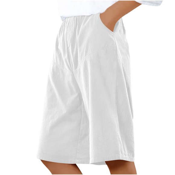 LOVZFMLL Casual Shorts for Women Loose Straight Leg Knee Length Long Shorts Elastic Waist Pockets Lounge Outdoor Short Pants White L