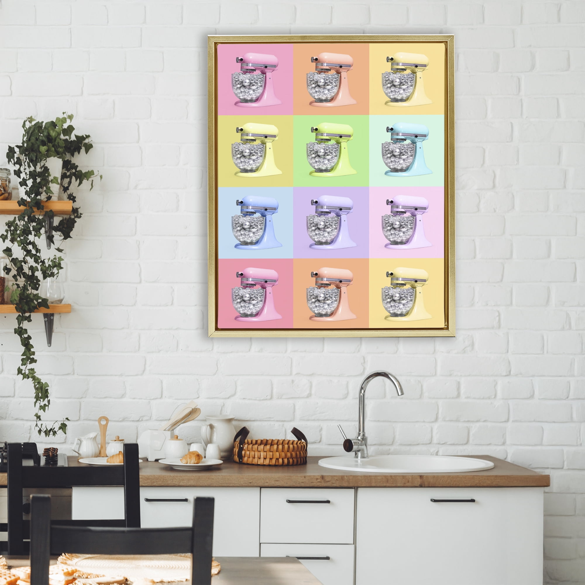 Stupell Industries Disco Ball Kitchen Mixer Collage Gold Framed Floater Canvas Wall Art, design by LISH Creative