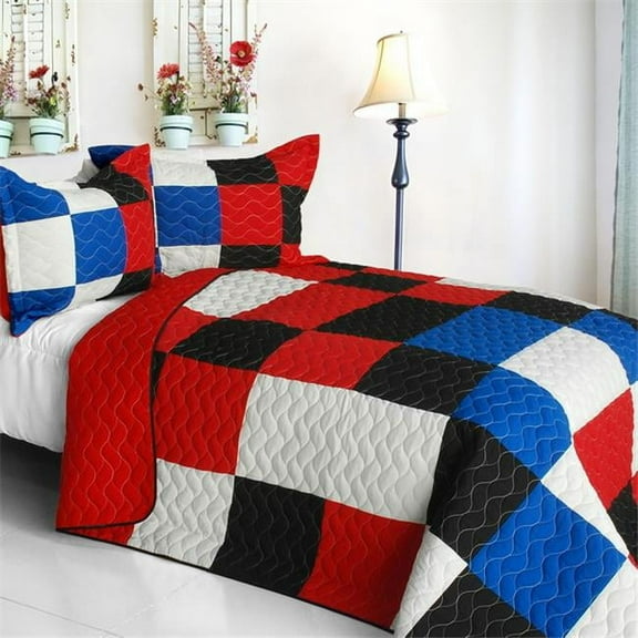 Rational Thinking - 3 Pieces Vermicelli-Quilted Patchwork Quilt Set  Full & Queen Size - Red
