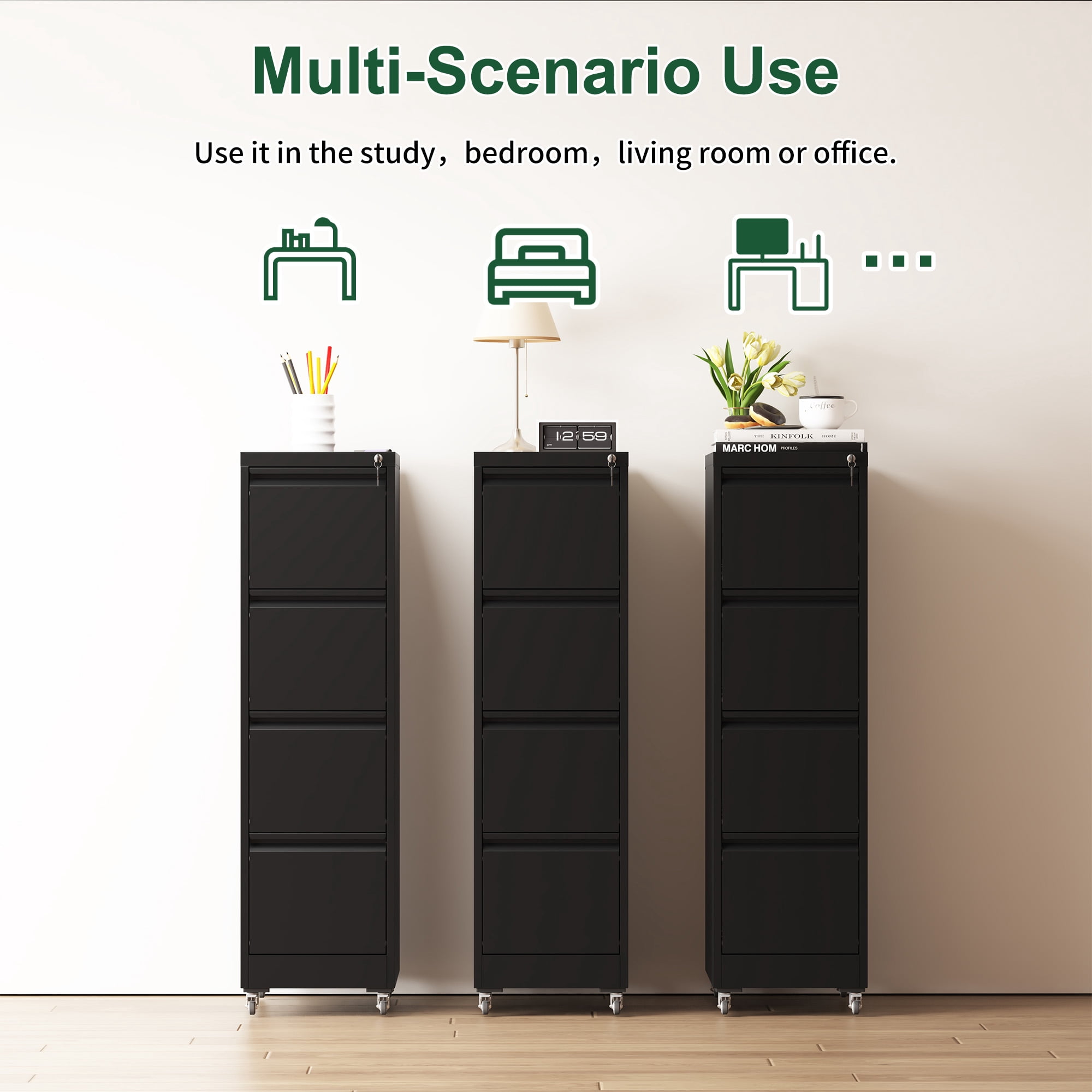 4 Drawer Metal Locking Vertical File Cabinet on Wheels, Heavy-Duty Lockable Cabinet for Home & Office, Black, 17.71"D*15.16"W*52.28"H, Black