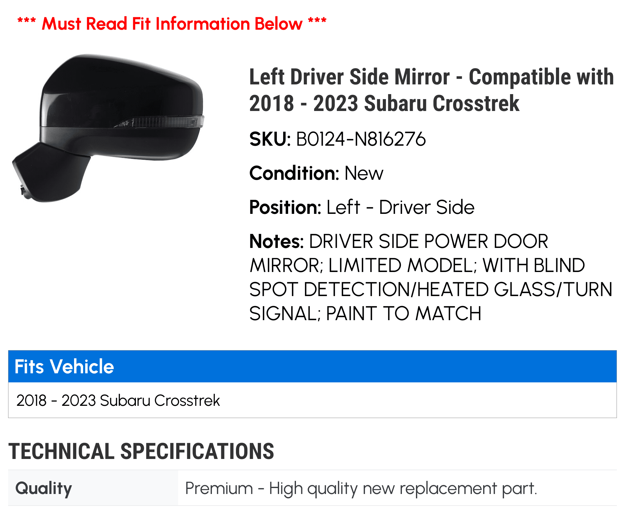 Left Driver Side Mirror - Compatible with 2018 - 2023 Subaru Crosstrek 2019 2020 2021 2022