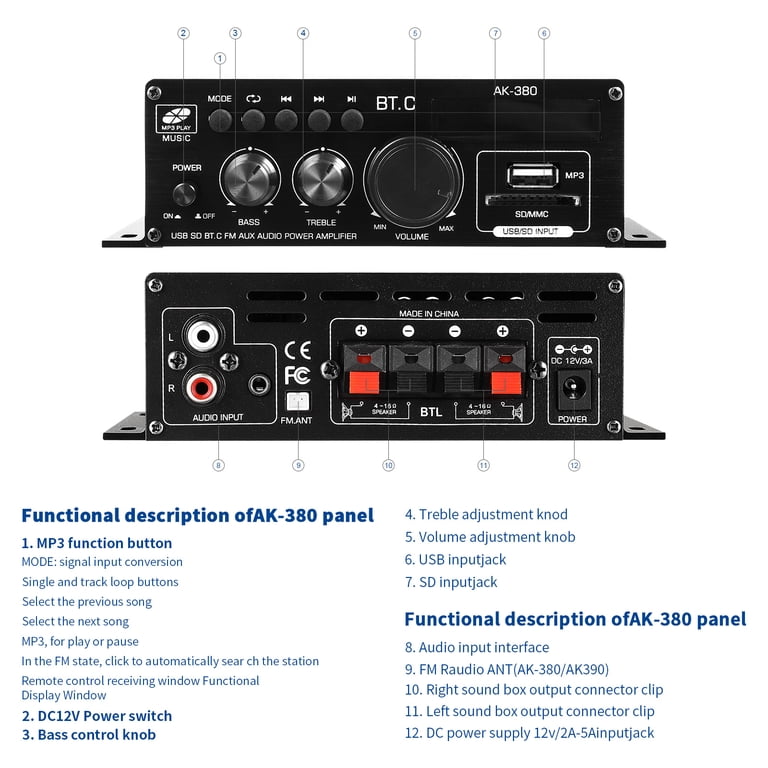 Bluetooth 5.0 Stereo Amplifier - AK-380 Power AMP with 12V Adapter