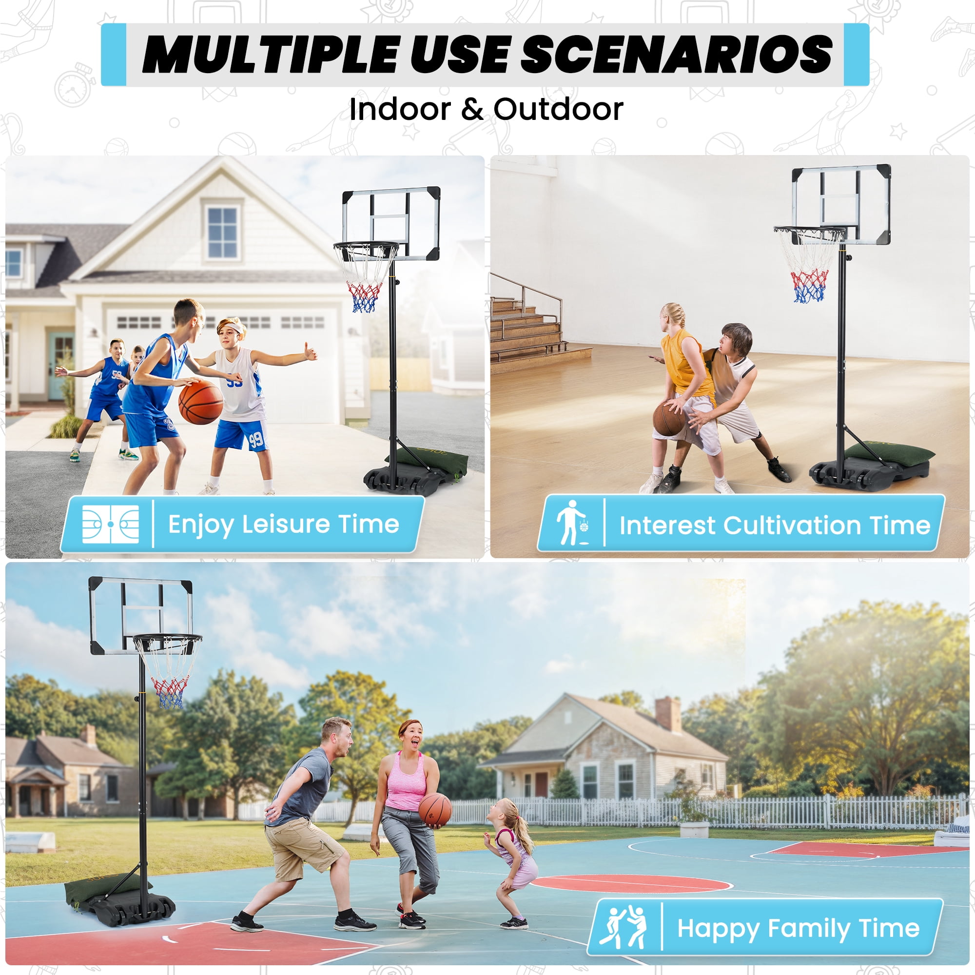 Naipo 28in Basketball Hoop Basketball Goal System Height Adjustable 5.1ft to 7ft Court for All Age Ranges Indoor Outdoor Use