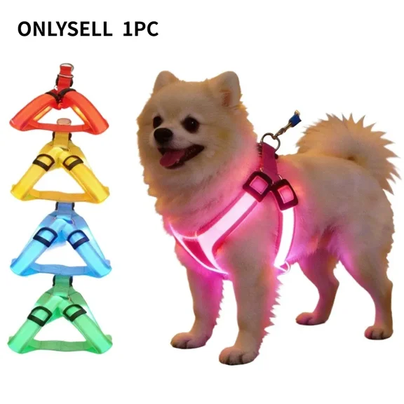 Fiber Optic LED Light Dog Harness, Random Color Glow Pet Vest with Reflective Straps, Adjustable Waterproof Nylon Dog Harness for Small Medium Large Dogs, Night Walking Safety Gear