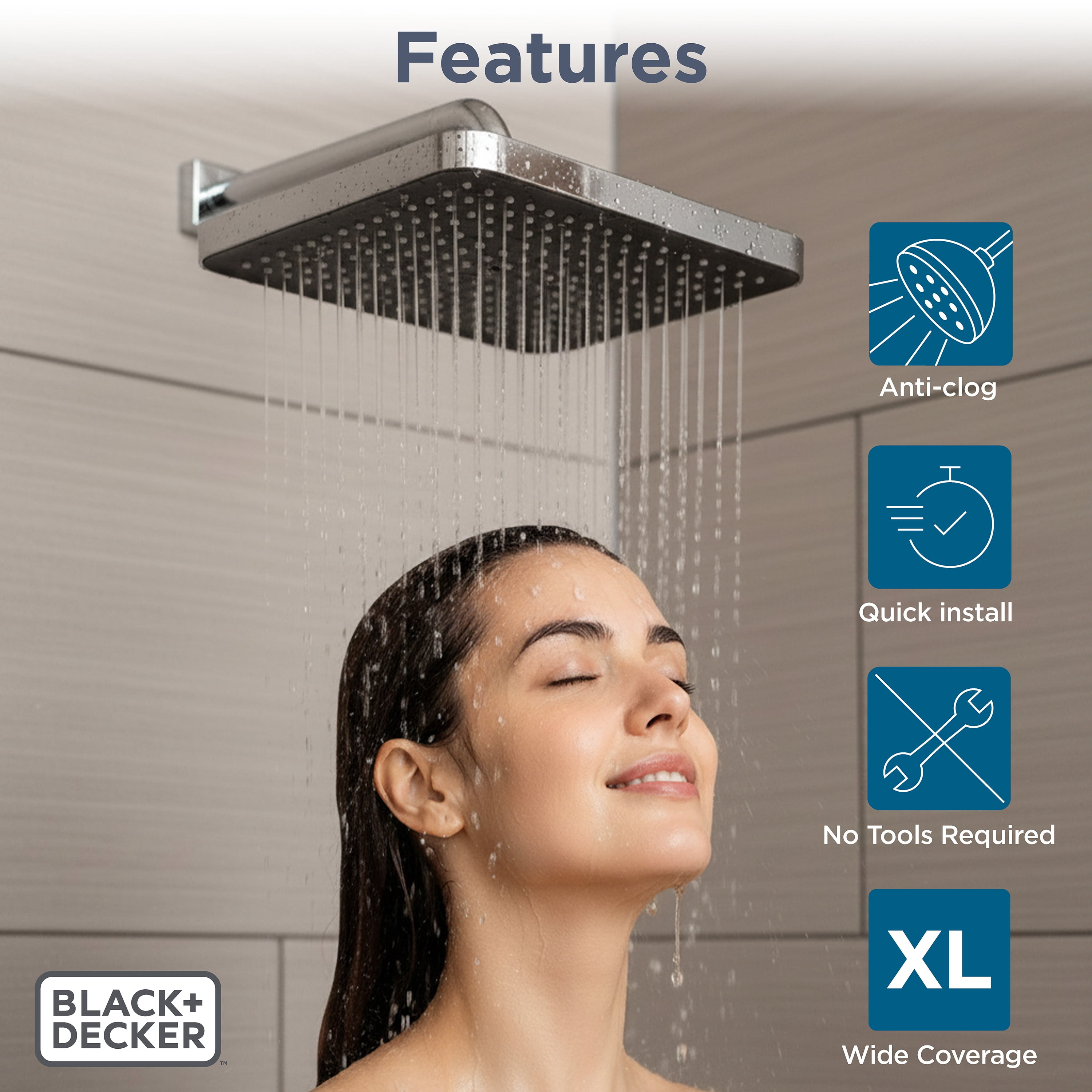 BLACK+DECKER Oversized Rainfall Shower Head, Chrome