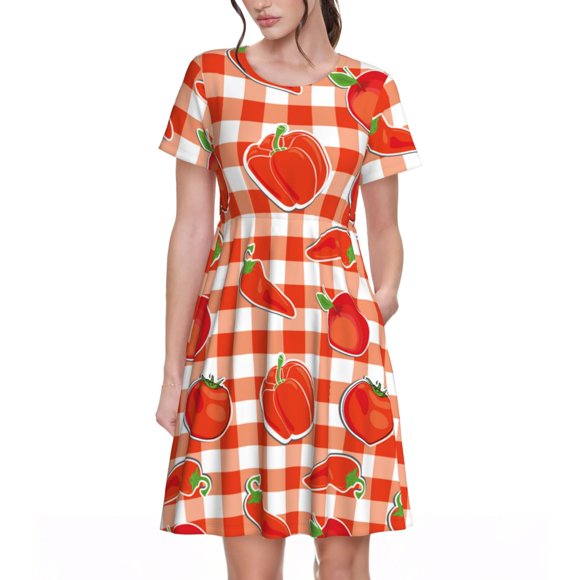 Bixox Women's Short Sleeve Summer Dress Loose Swing Knee Length Dresses with Pockets-Tomatoes And Chili