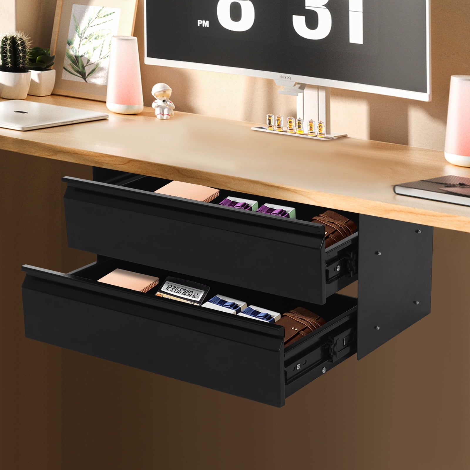 2-tier Sliding Storage Drawer, Black Steel Under Desk Pull-Out Drawer, for Office Desk & Study Stationery, Small Supplies & Desk Storage