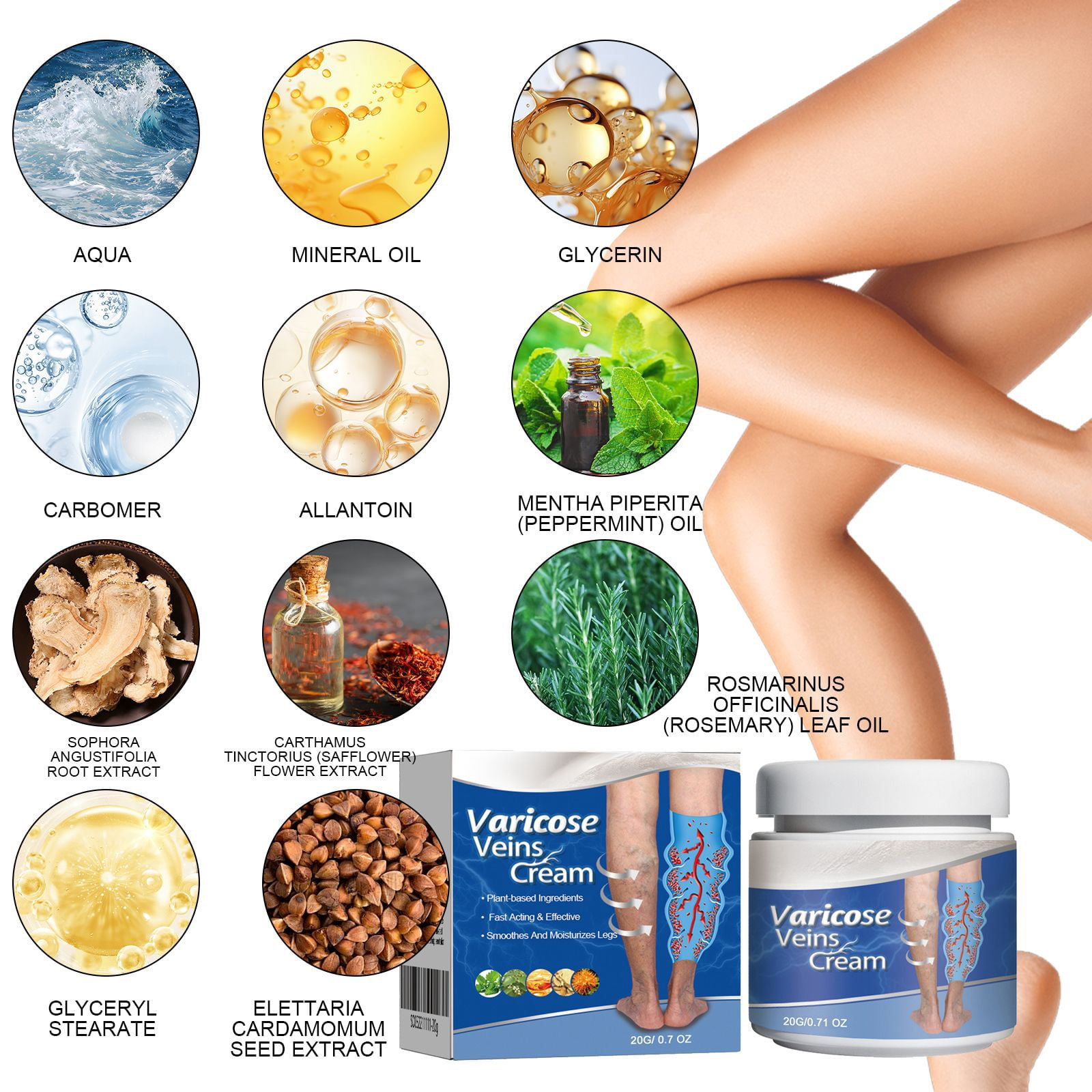 Alvantor Veins Cream for Leg Spider Vein Treatment with Rosemary Oil & Moisturizing Massage, 0.71oz