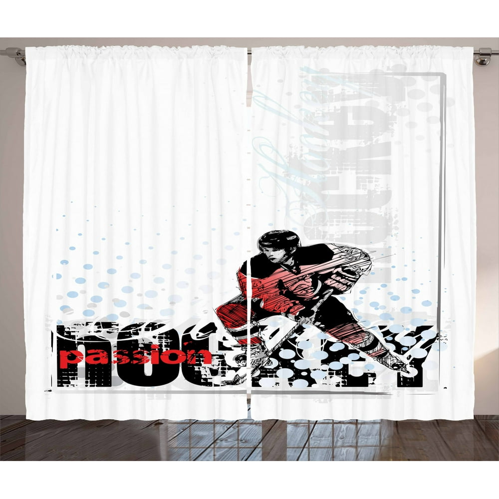 Hockey Curtains 2 Panels Set, Artwork of a Goalie with Protective