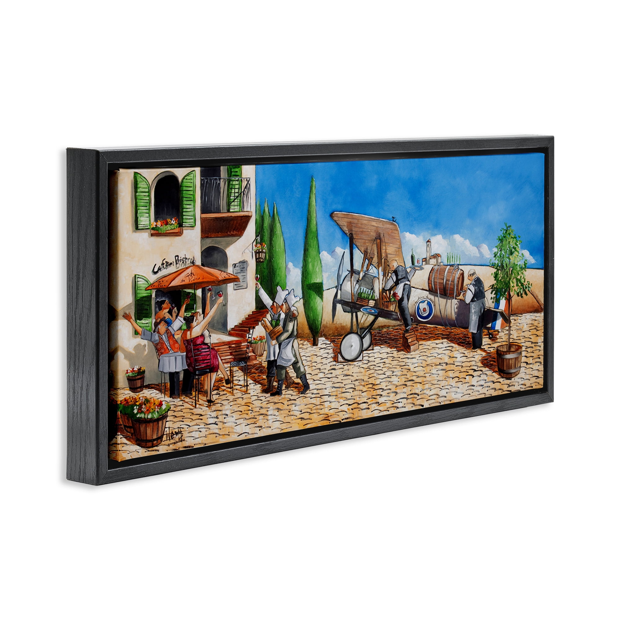 Stupell Industries Café & Airplane Scene Scenery Painting Black Floater Framed Art Print Wall Art, 25 x 11