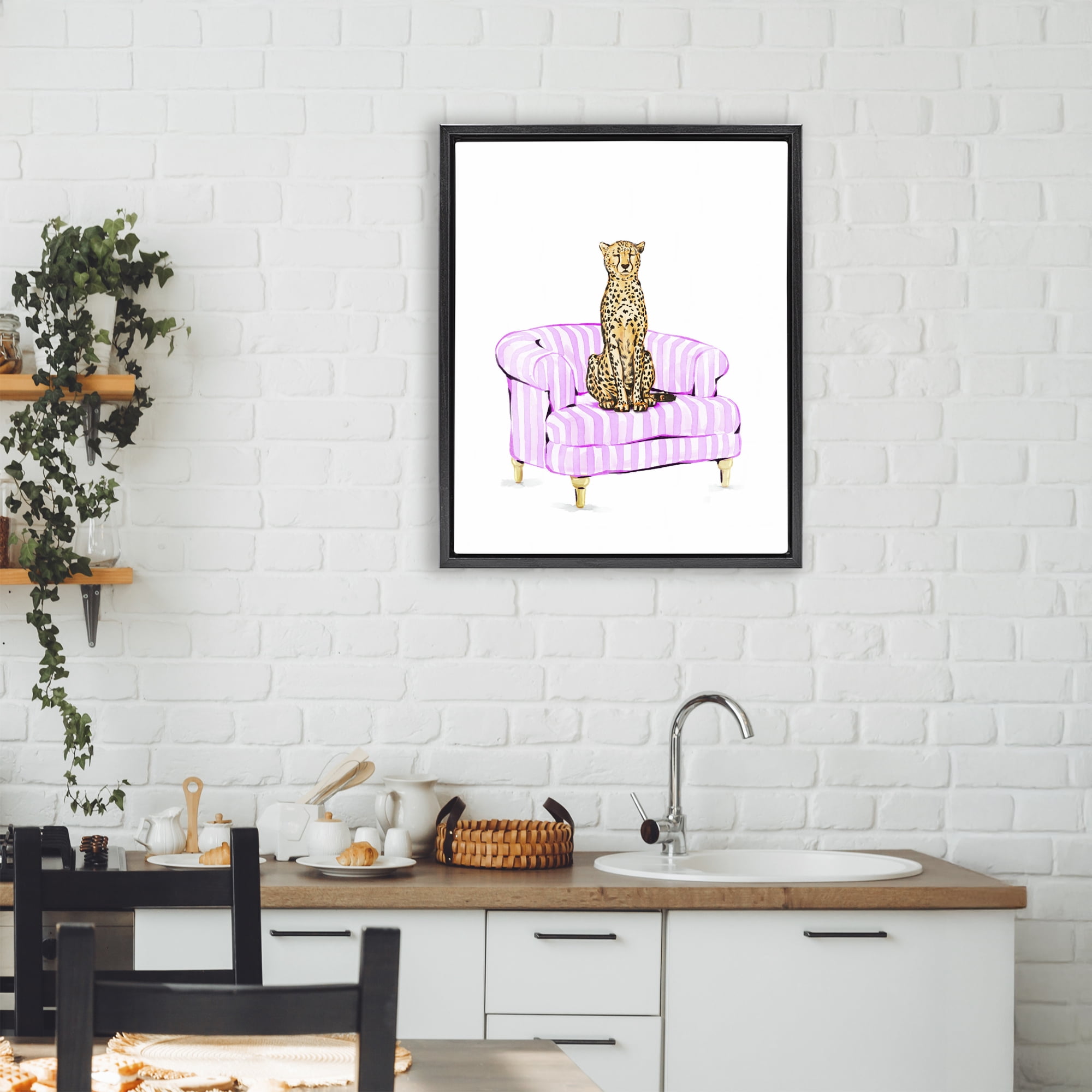 Cheetah on Pink Stripe Chair Black Framed Floater Canvas Wall Art, design by Ziwei Li
